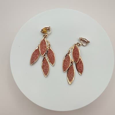 Vintage 90s Gold Tone Pink Glitter Leaf Dangle Earrings Women's Classic Jewelry - Thumbnail 2