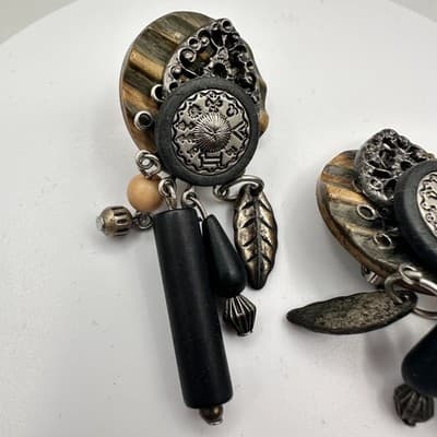 Vintage 90s Dangle Earrings Black Wooden Silver Tone Leaf Boho Woemn's Jewelry - Thumbnail 3