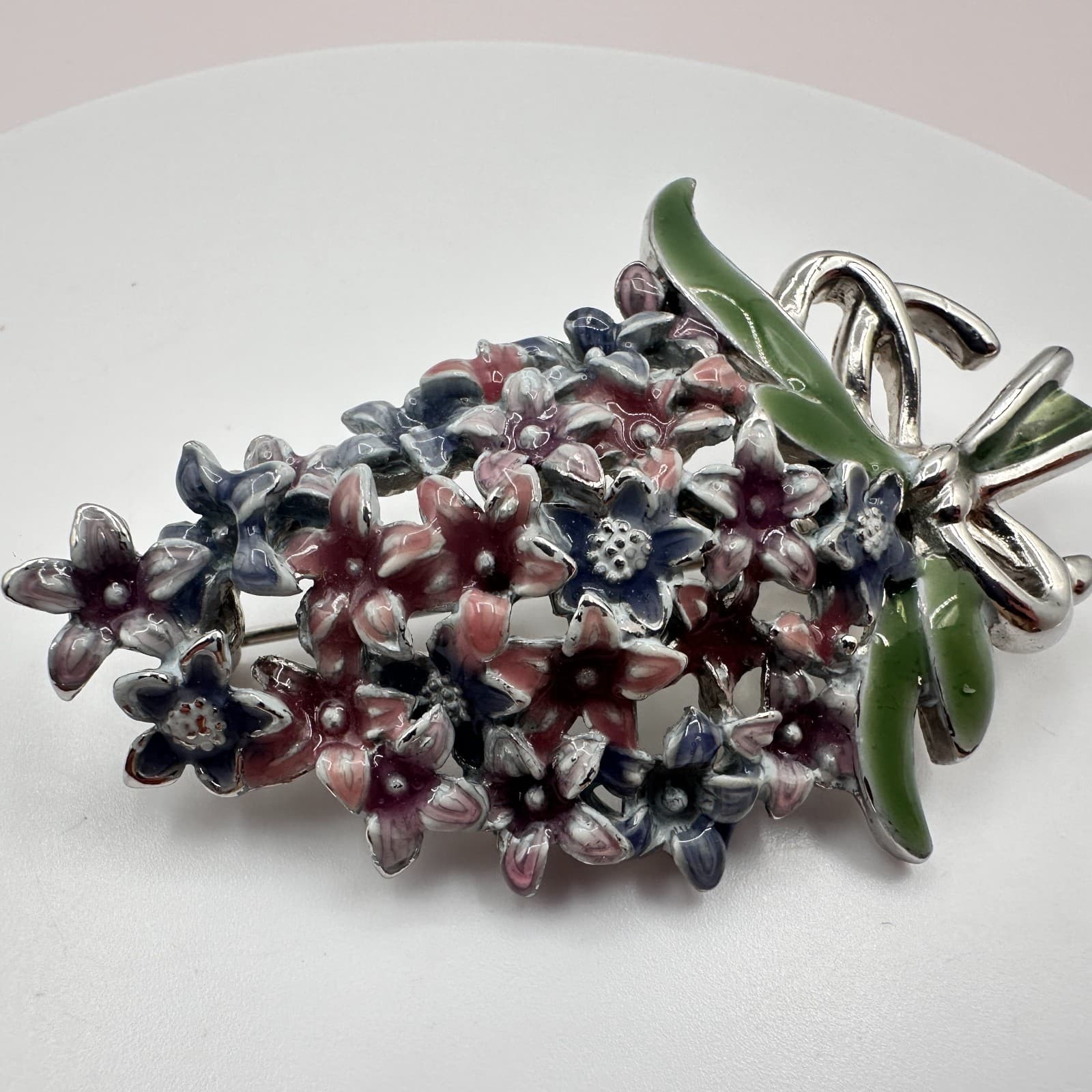 Vintage 90s Silver Tone Enamel Floral Bouquet Brooch Pin Women's Classic Jewelry - Thumbnail 5