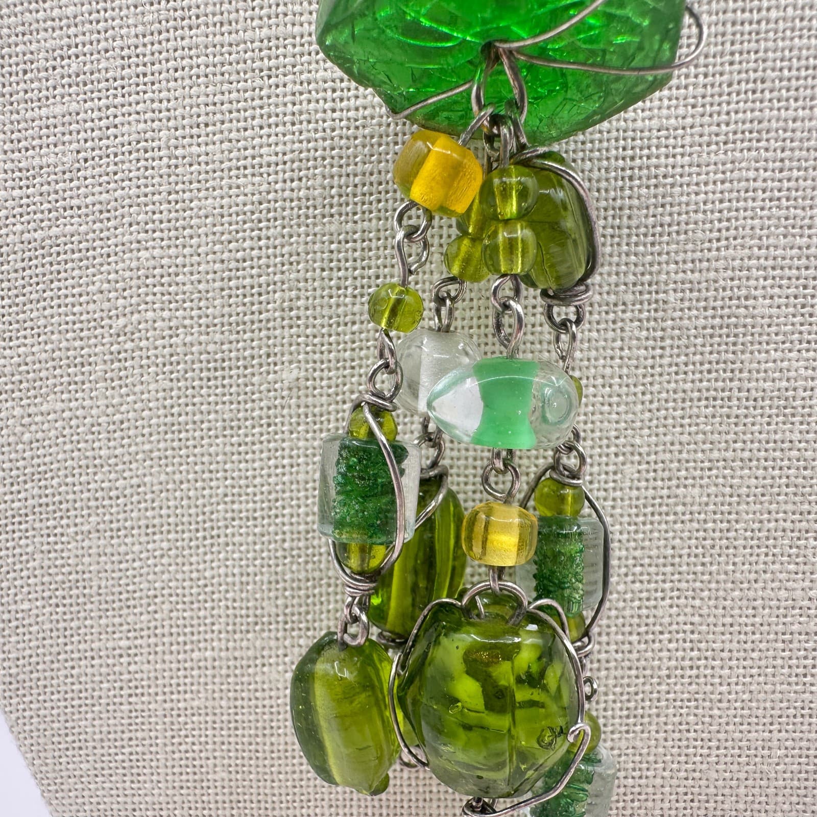 Vintage Green Glass Bead Tassel Necklace Wire Wrapped Yellow Crystal Y Drop Boho - Thumbnail 4