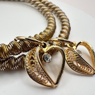 Vintage 90s Crystal Heart Coil Bangle Bracelet Set Multi Tone Women's Jewelry - Thumbnail 5