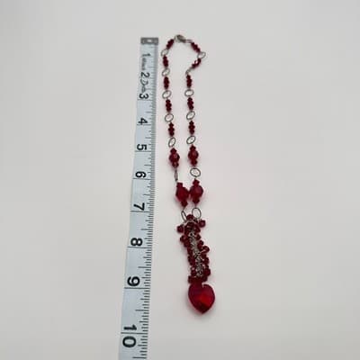 Vintage 90s Red Glass Heart Pendant Necklace Silver Tone Boho Statement Jewelry - Thumbnail 7