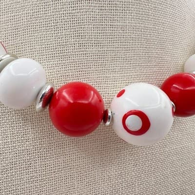Vintage 60s Red & White Beaded Choker Necklace Chunky Polka Dot Women's Jewelry - Thumbnail 3