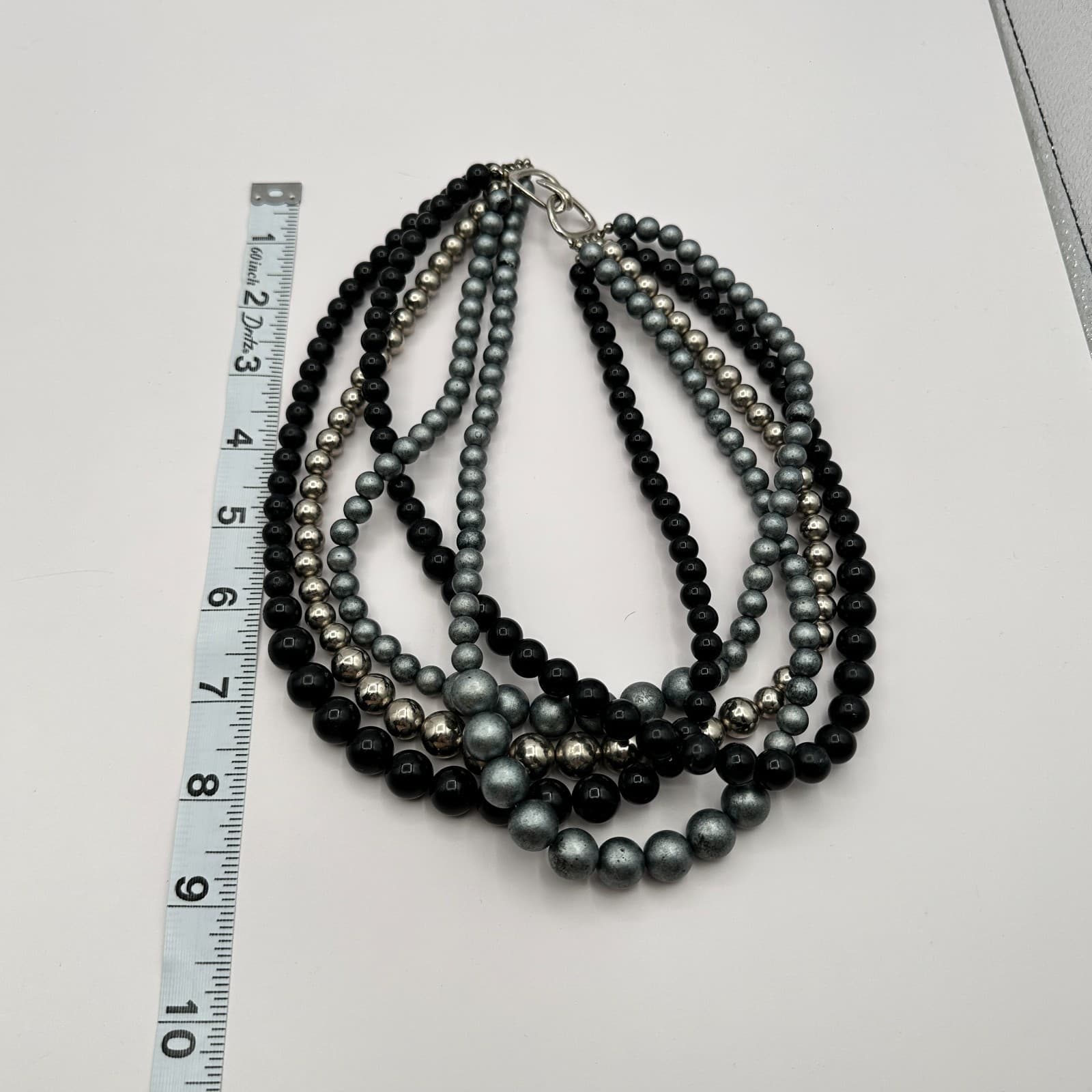 VTG Silver Tone Chunky Chain Necklace Statement Bold Faux Pearl Beaded Bib Y2K - Thumbnail 10