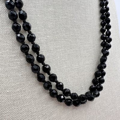Vintage 90s Jet Black Beaded Double Strand Necklace Faceted Acrylic Boho Jewelry - Thumbnail 6
