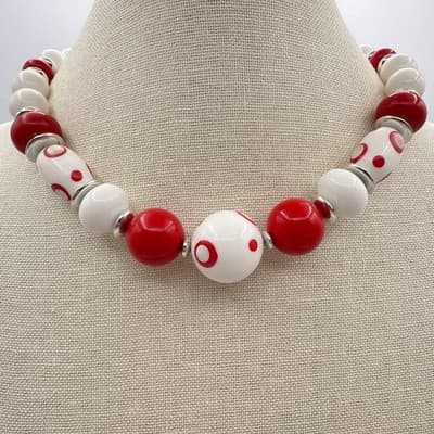 Vintage 60s Red & White Beaded Choker Necklace Chunky Polka Dot Women's Jewelry - Thumbnail 2