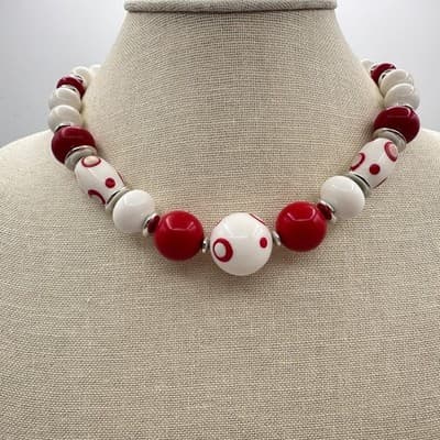 Vintage 60s Red & White Beaded Choker Necklace Chunky Polka Dot Women's Jewelry - Thumbnail 6