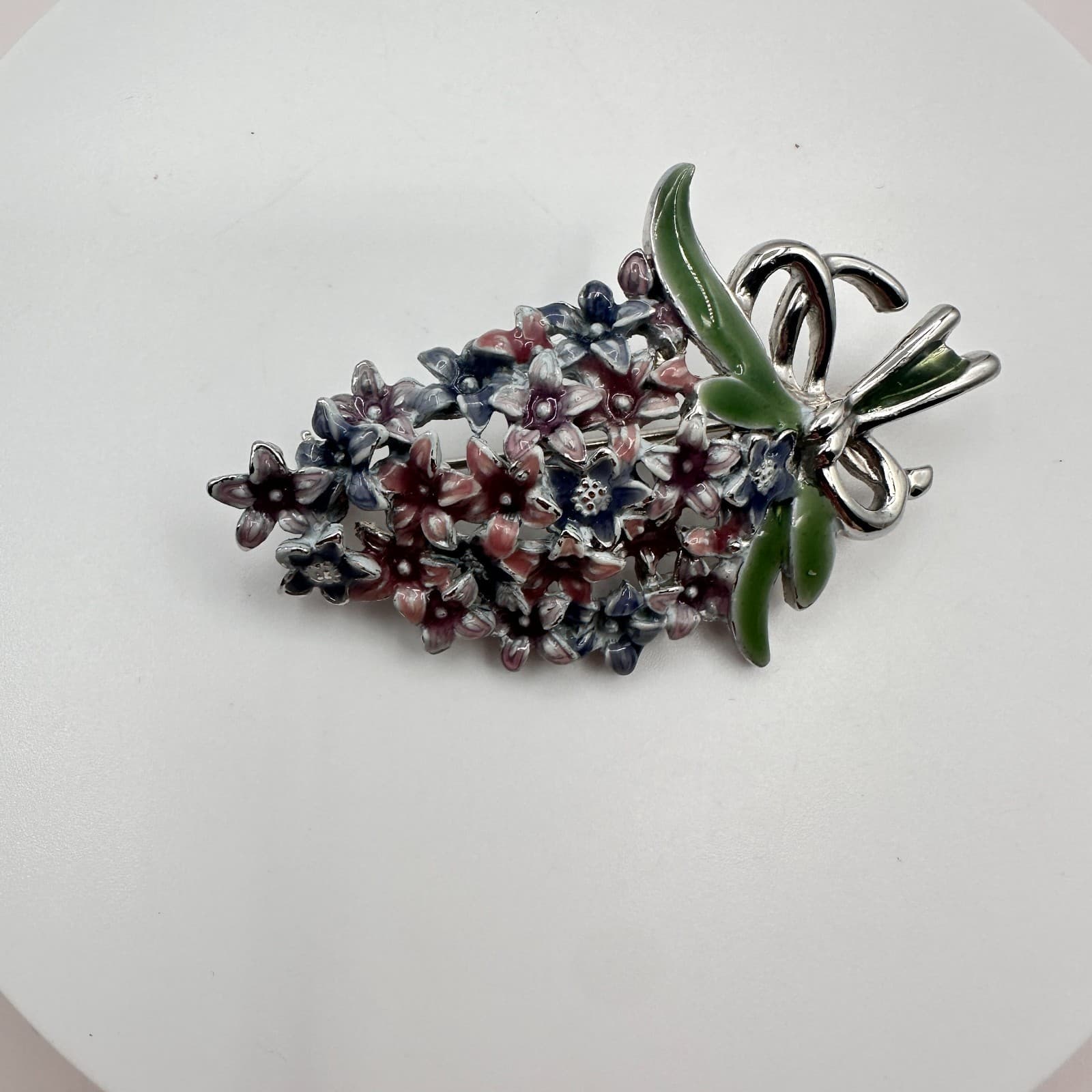 Vintage 90s Silver Tone Enamel Floral Bouquet Brooch Pin Women's Classic Jewelry - Thumbnail 3
