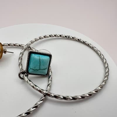 Vintage 90s Faux Turquoise Square Twisted Hoop Earrings Set Silver Tone Jewelry - Thumbnail 4