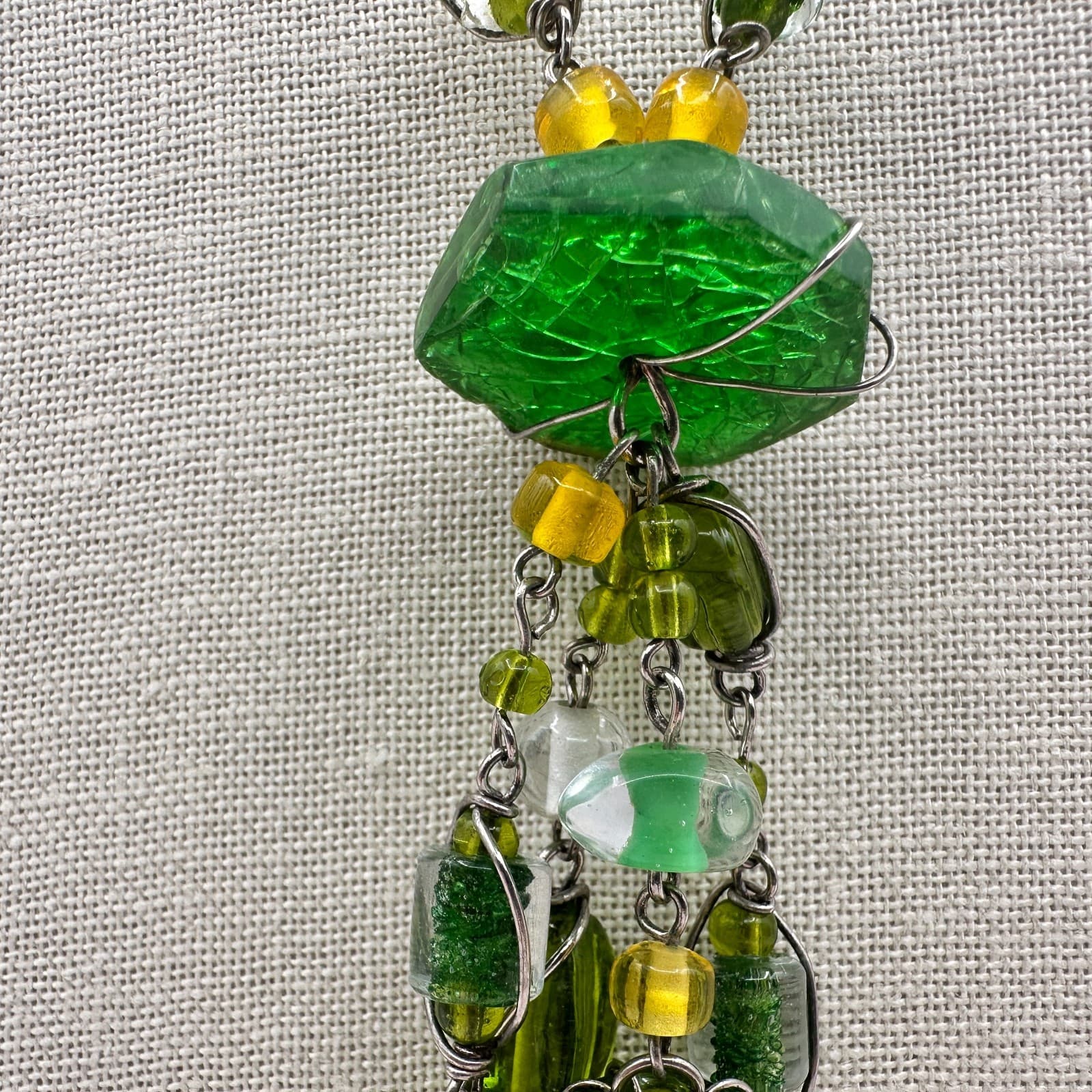 Vintage Green Glass Bead Tassel Necklace Wire Wrapped Yellow Crystal Y Drop Boho - Thumbnail 5