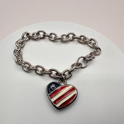 Vintage 90s American Flag Heart Charm Bracelet Silver Tone Enamel Jewelry - Thumbnail 5