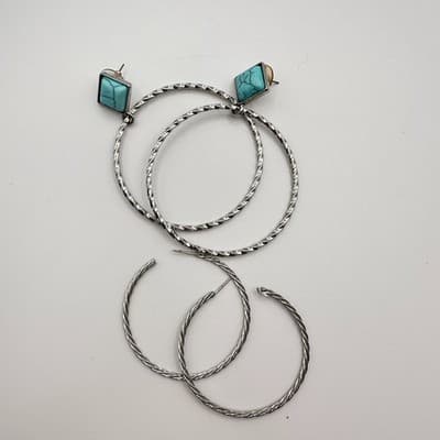 Vintage 90s Faux Turquoise Square Twisted Hoop Earrings Set Silver Tone Jewelry - Thumbnail 2