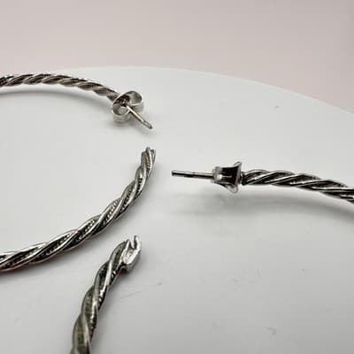 Vintage 90s Faux Turquoise Square Twisted Hoop Earrings Set Silver Tone Jewelry - Thumbnail 10
