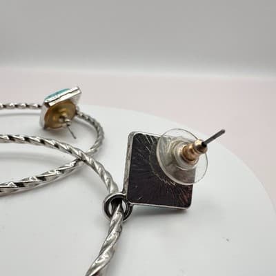 Vintage 90s Faux Turquoise Square Twisted Hoop Earrings Set Silver Tone Jewelry - Thumbnail 6