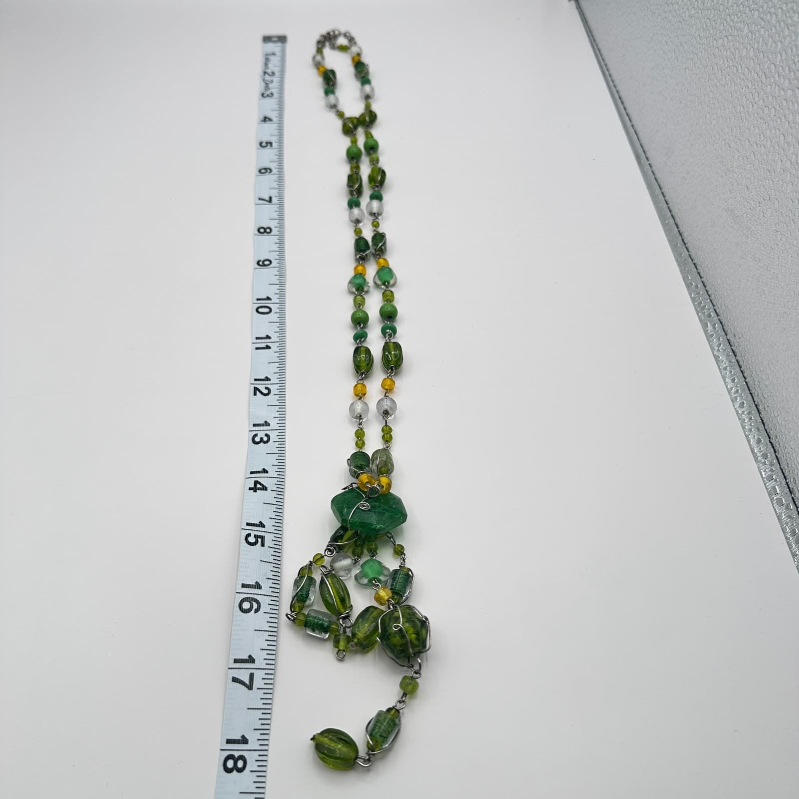 Vintage Green Glass Bead Tassel Necklace Wire Wrapped Yellow Crystal Y Drop Boho - Thumbnail 10