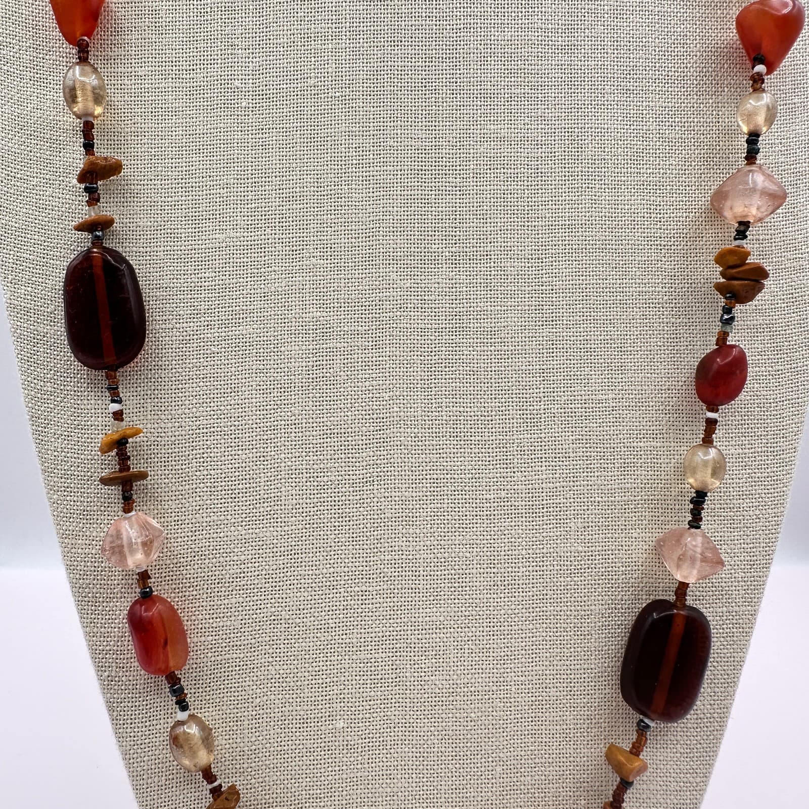 Vintage 90s Beaded Necklace Carnelian Jasper Quartz Boho Statement Jewelry - Thumbnail 3