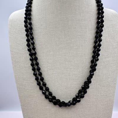 Vintage 90s Jet Black Beaded Double Strand Necklace Faceted Acrylic Boho Jewelry - Thumbnail 3