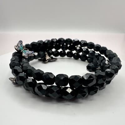 Vintage 90s Black Beaded Memory Wire Wrap Bracelet Butterfly Charms Boho Goth - Thumbnail 2