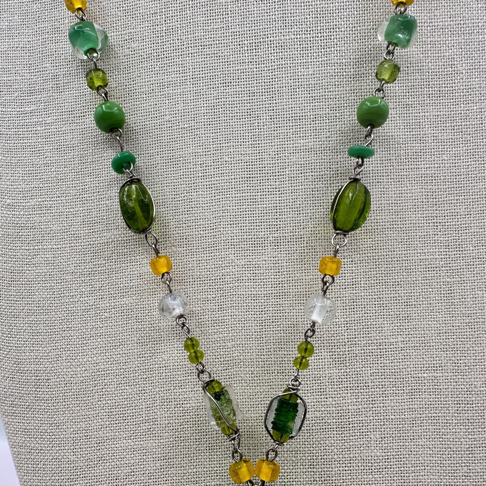 Vintage Green Glass Bead Tassel Necklace Wire Wrapped Yellow Crystal Y Drop Boho - Thumbnail 6