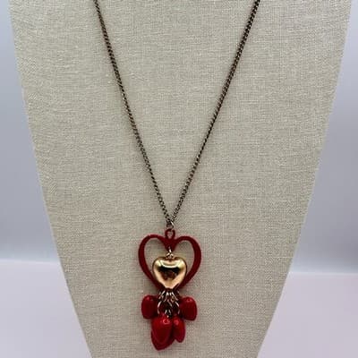 Vintage 90s Red Heart Pendant Necklace Gold Tone Dangle Charm Layered Jewelry - Thumbnail 9
