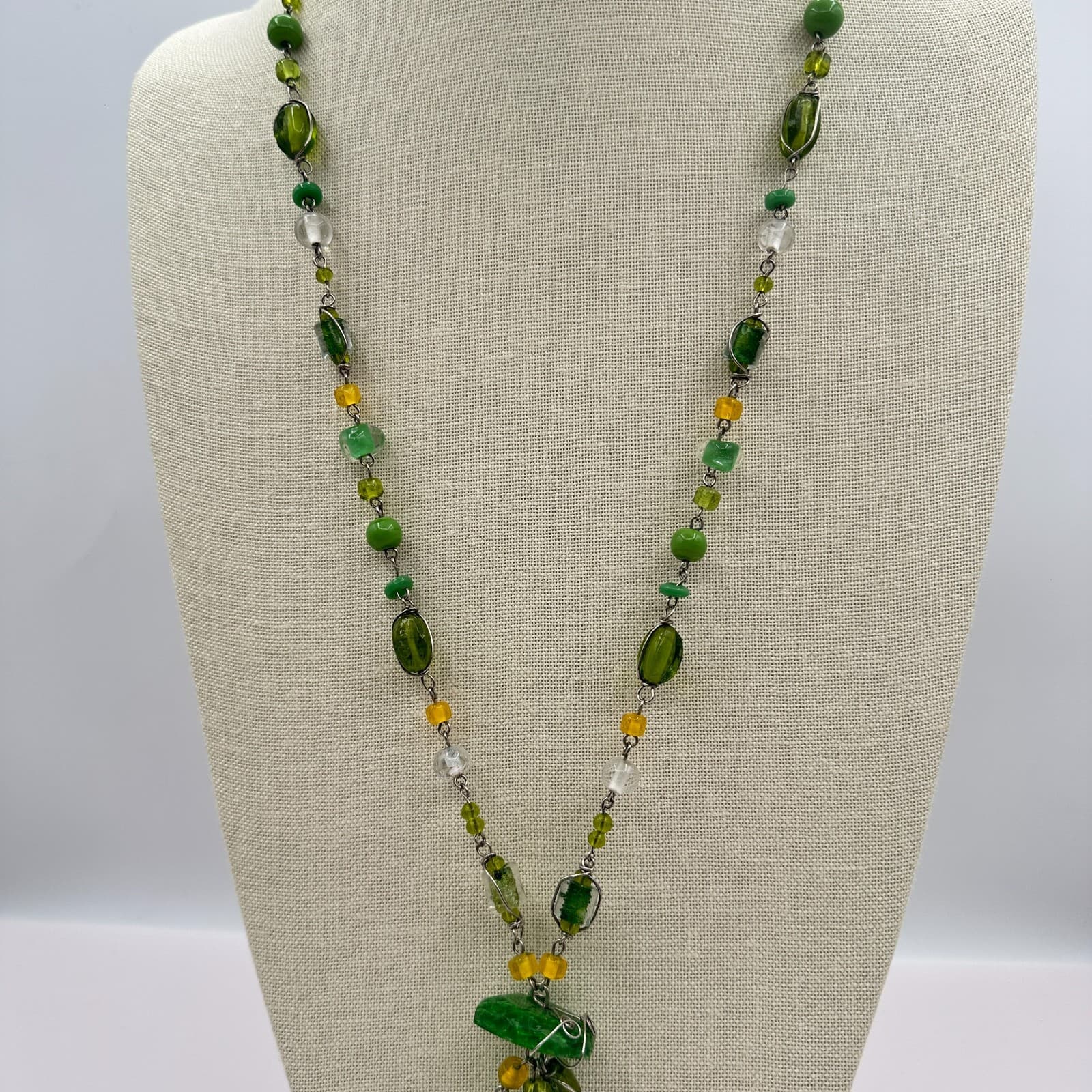 Vintage Green Glass Bead Tassel Necklace Wire Wrapped Yellow Crystal Y Drop Boho - Thumbnail 9