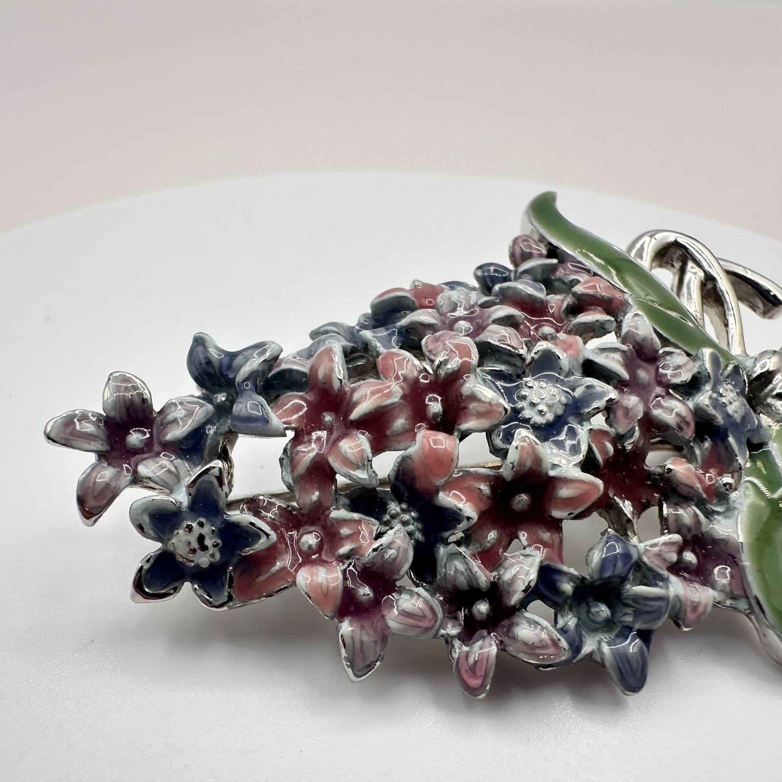 Vintage 90s Silver Tone Enamel Floral Bouquet Brooch Pin Women's Classic Jewelry - Thumbnail 4