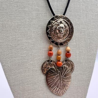 Vintage Copper Tone Lion Head Coin Leaf Pendant Cord Necklace Wooden Bead Boho - Thumbnail 6
