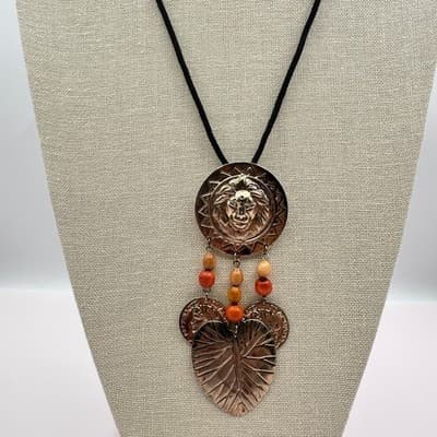 Vintage Copper Tone Lion Head Coin Leaf Pendant Cord Necklace Wooden Bead Boho - Thumbnail 2