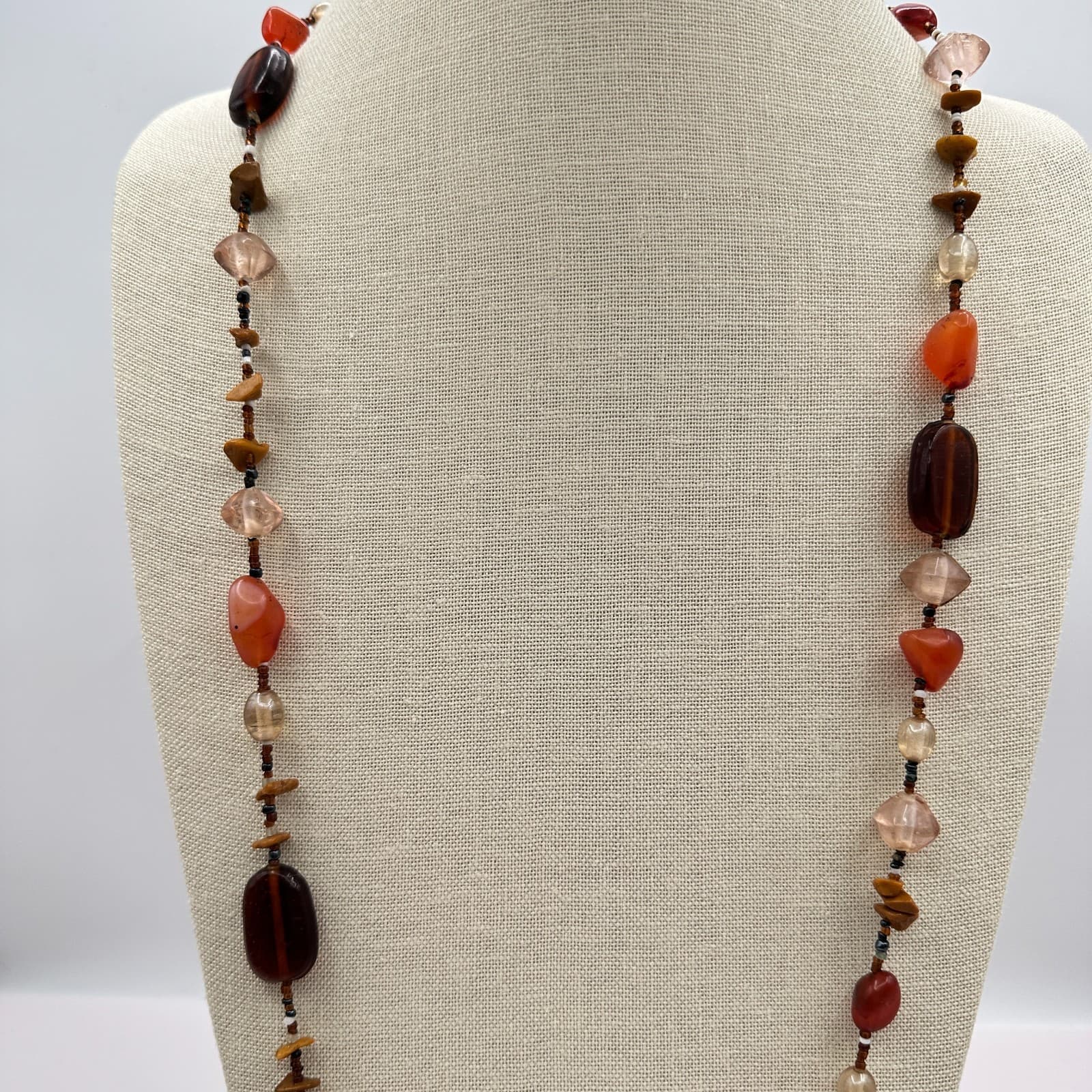 Vintage 90s Beaded Necklace Carnelian Jasper Quartz Boho Statement Jewelry - Thumbnail 2