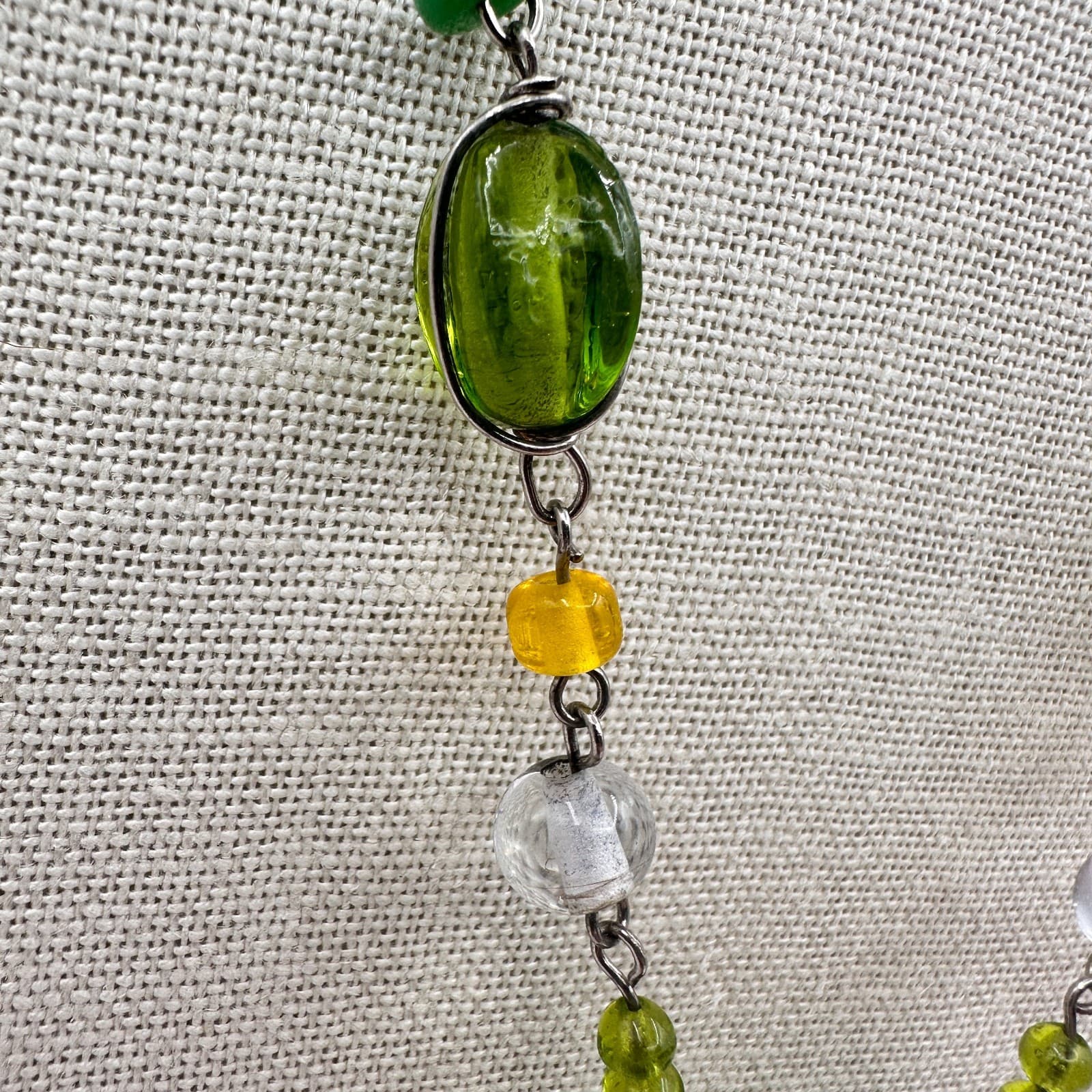 Vintage Green Glass Bead Tassel Necklace Wire Wrapped Yellow Crystal Y Drop Boho - Thumbnail 7