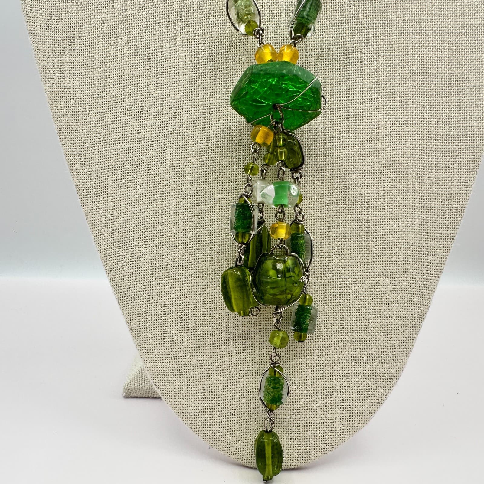 Vintage Green Glass Bead Tassel Necklace Wire Wrapped Yellow Crystal Y Drop Boho - Thumbnail 2
