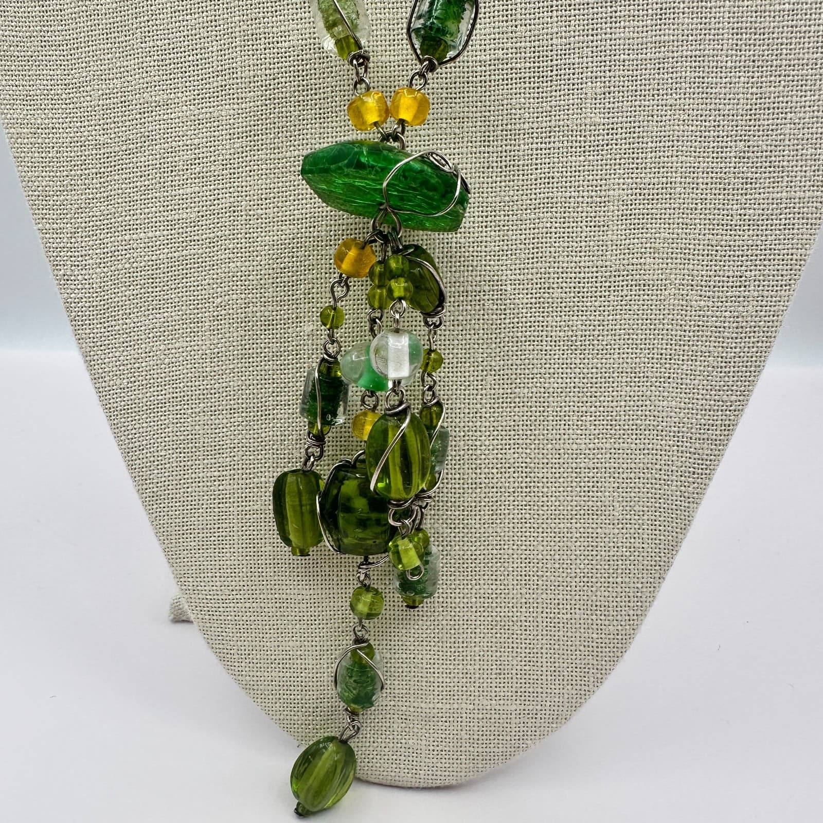 Vintage Green Glass Bead Tassel Necklace Wire Wrapped Yellow Crystal Y Drop Boho - Thumbnail 8