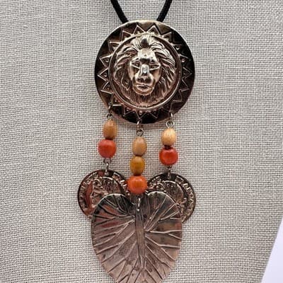 Vintage Copper Tone Lion Head Coin Leaf Pendant Cord Necklace Wooden Bead Boho - Thumbnail 5
