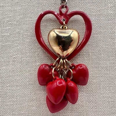 Vintage 90s Red Heart Pendant Necklace Gold Tone Dangle Charm Layered Jewelry - Thumbnail 5