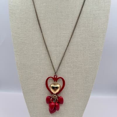 Vintage 90s Red Heart Pendant Necklace Gold Tone Dangle Charm Layered Jewelry - Thumbnail 2