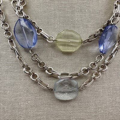 Vintage 90s Chunky Strands Necklace Lucite Bead Silver Tone Chain Layers Jewelry - Thumbnail 3