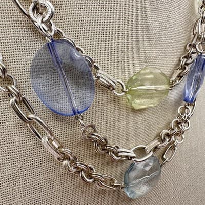 Vintage 90s Chunky Strands Necklace Lucite Bead Silver Tone Chain Layers Jewelry - Thumbnail 5