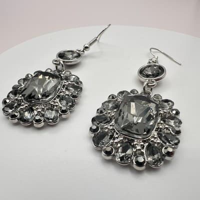 Vintage 90s Silver Tone Grey Glass Statement Dangle Earrings Fashion Jewelry Y2K - Thumbnail 5
