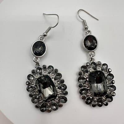 Vintage 90s Silver Tone Grey Glass Statement Dangle Earrings Fashion Jewelry Y2K - Thumbnail 2