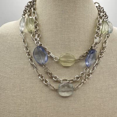 Vintage 90s Chunky Strands Necklace Lucite Bead Silver Tone Chain Layers Jewelry - Thumbnail 8