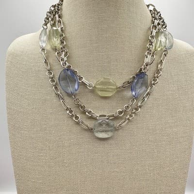 Vintage 90s Chunky Strands Necklace Lucite Bead Silver Tone Chain Layers Jewelry - Thumbnail 9