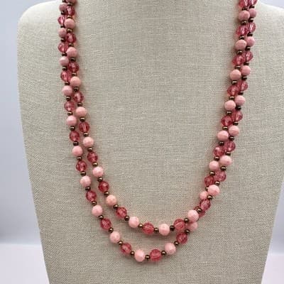 Vintage Y2K Pink Double Strand Beaded Necklace Faceted Glass Fashion Jewelry Y2K - Thumbnail 2