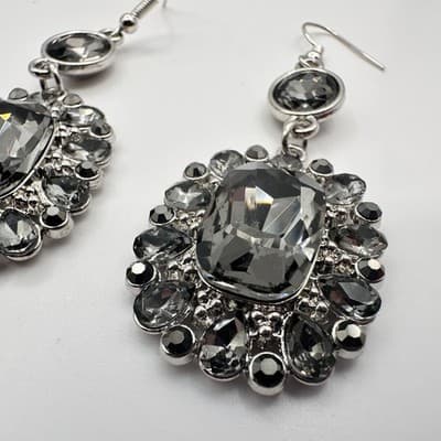 Vintage 90s Silver Tone Grey Glass Statement Dangle Earrings Fashion Jewelry Y2K - Thumbnail 6