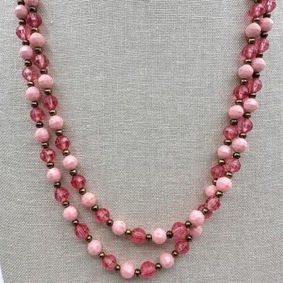 Vintage Y2K Pink Double Strand Beaded Necklace Faceted Glass Fashion Jewelry Y2K