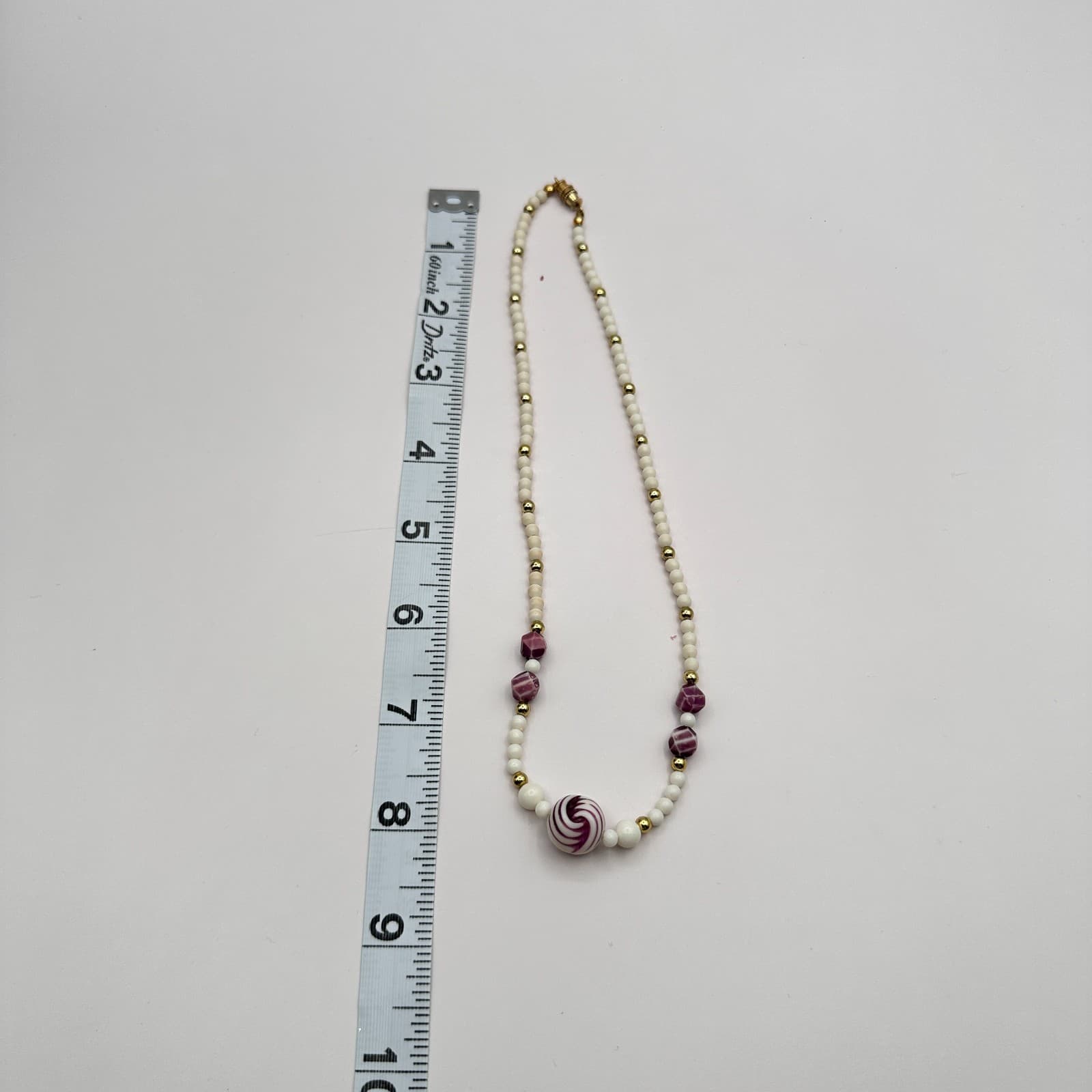 Vintage Y2K Statement Necklace Purple White Swirl Glass Beaded Gold Tone Jewelry - Thumbnail 9