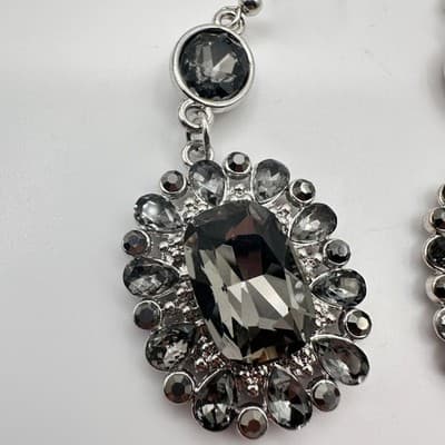 Vintage 90s Silver Tone Grey Glass Statement Dangle Earrings Fashion Jewelry Y2K - Thumbnail 3