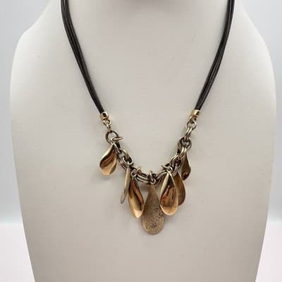 Vintage Y2K Boho Statement Necklace Gold Tone Teardrop Charms Multi Leather Cord - Thumbnail 5