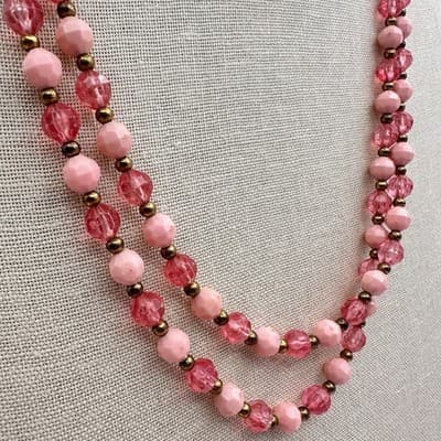 Vintage Y2K Pink Double Strand Beaded Necklace Faceted Glass Fashion Jewelry Y2K - Thumbnail 8