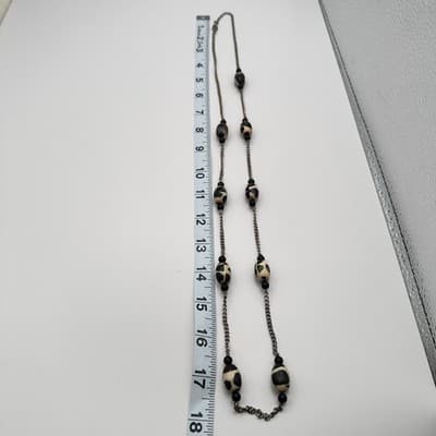 Vintage 90s Silver Tone Chain Necklace Cream & Black Spotted Oval Beaded Jewelry - Thumbnail 10