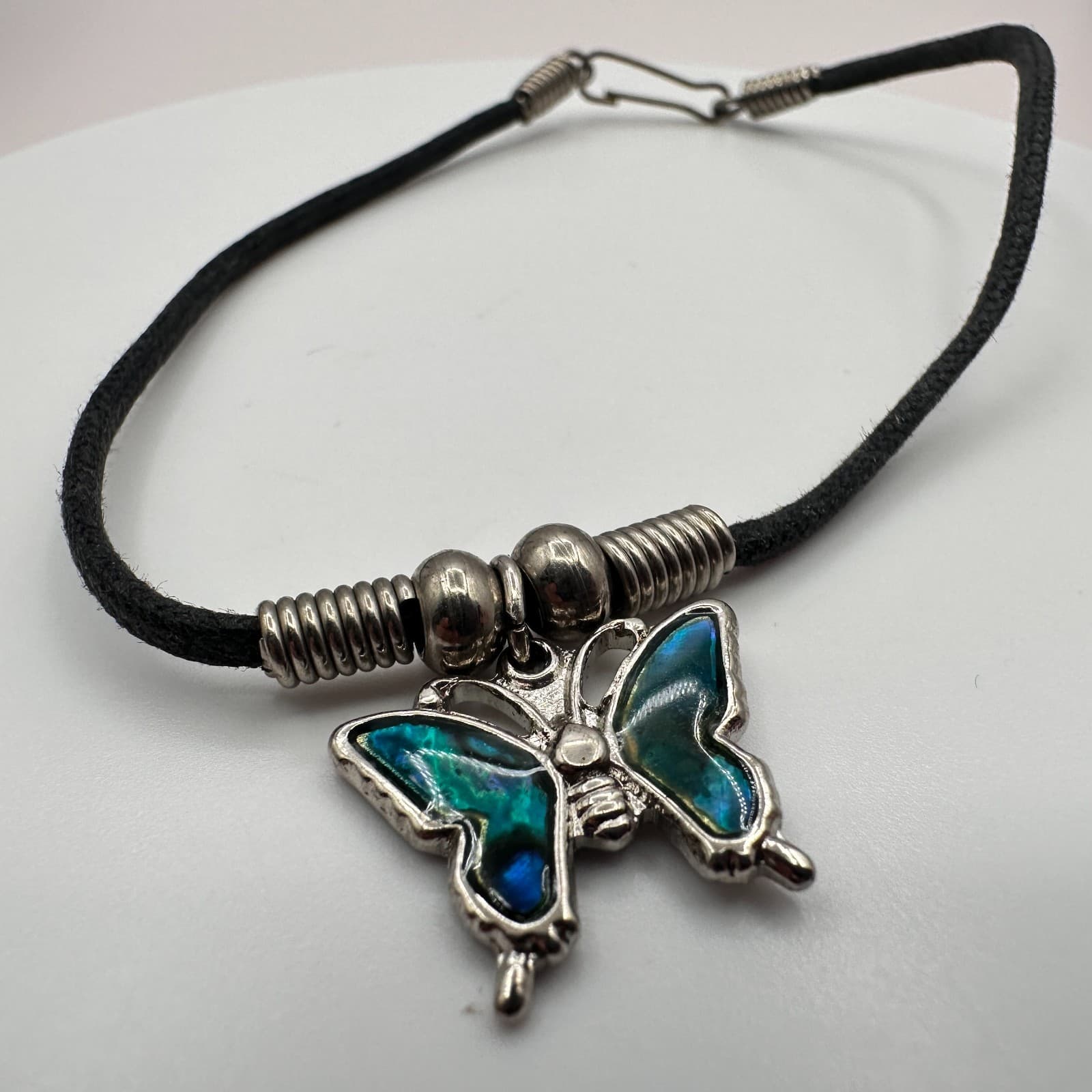 Vintage 90s Butterfly Bracelet Teal Inlay Silver Tone Black Cord Boho Jewelry